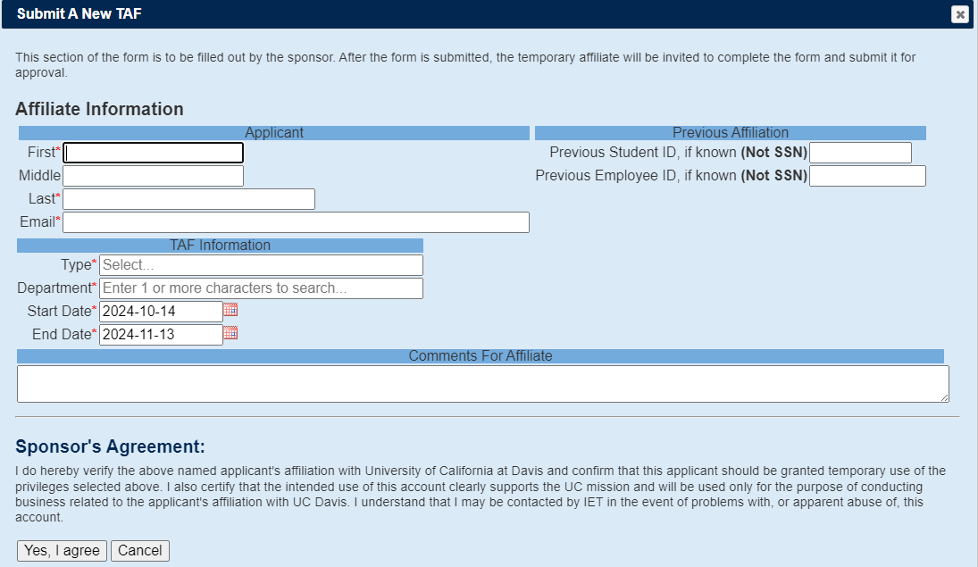 screenshot of affiliate Information text fields required for a TAF